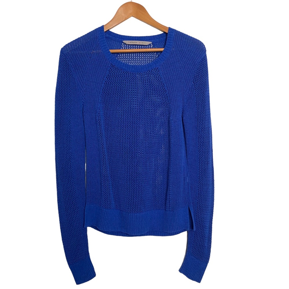 Athleta Crew Neck Sweater Size M Blue Cotton Nylon Knit Pullover Long Sleeve